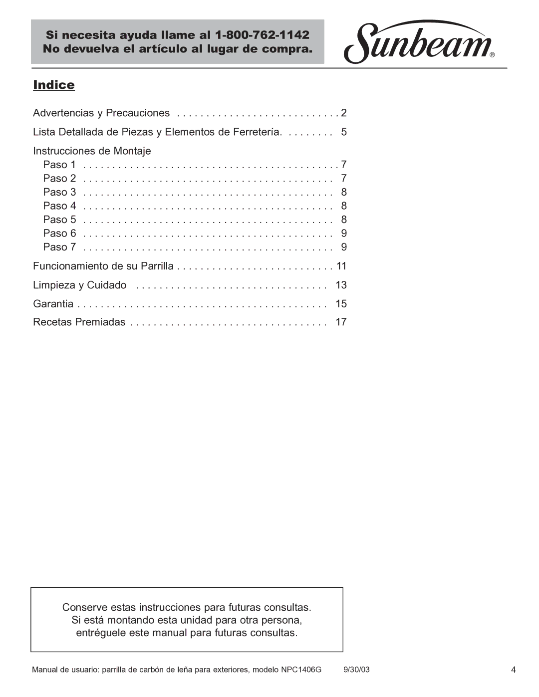 Blue Rhino NPC1406G owner manual Indice 