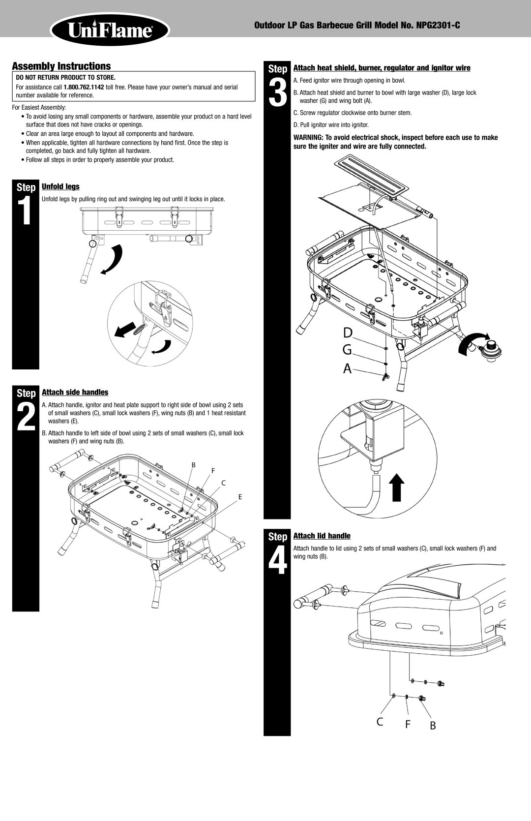 Blue Rhino NPG2301-C owner manual Assembly Instructions, Step Unfold legs, Step Attach side handles, Attach lid handle 