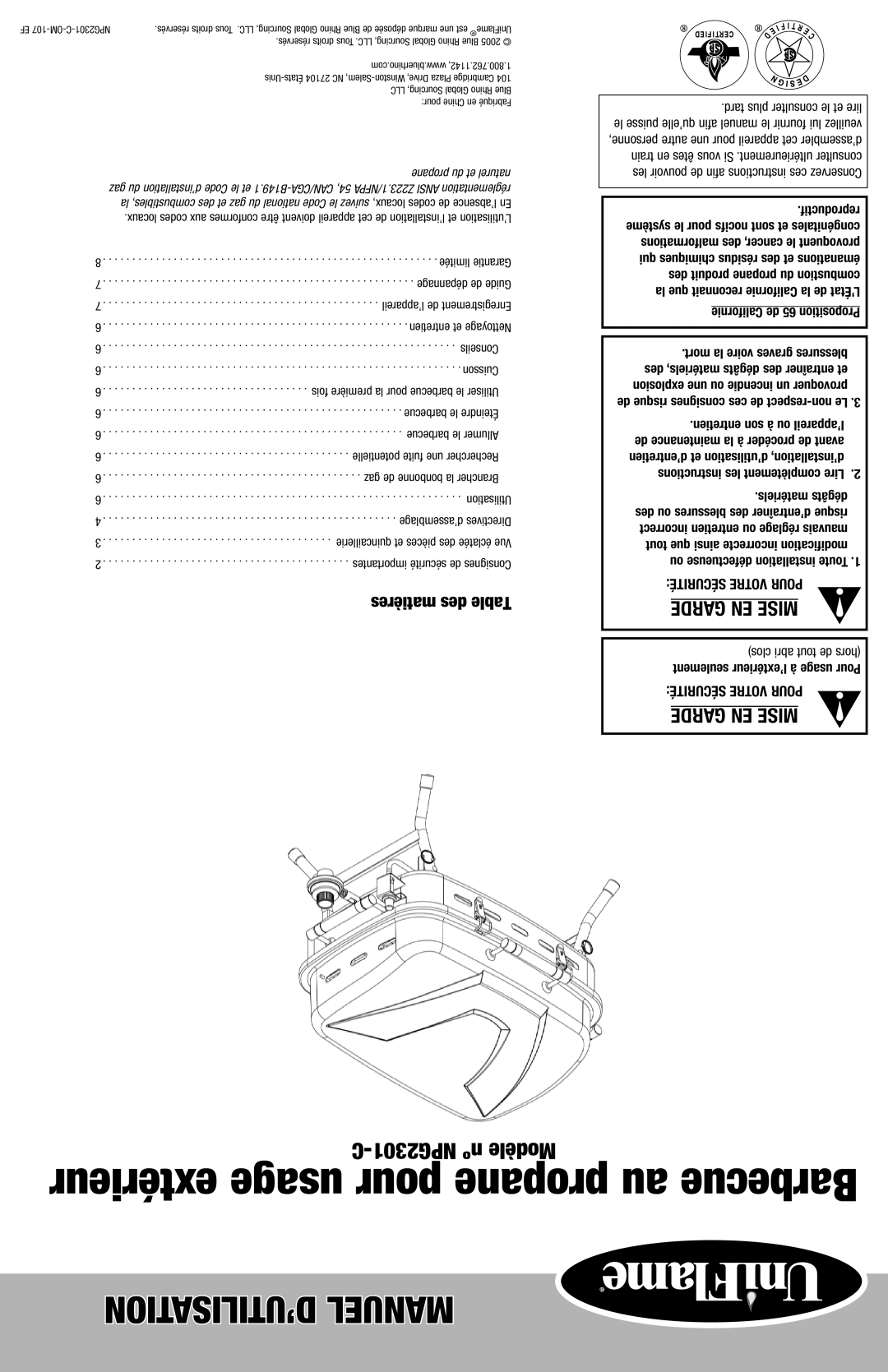 Blue Rhino NPG2301-C owner manual Clos abri tout de hors seulement l’extérieur à usage Pour, Propane du et naturel 