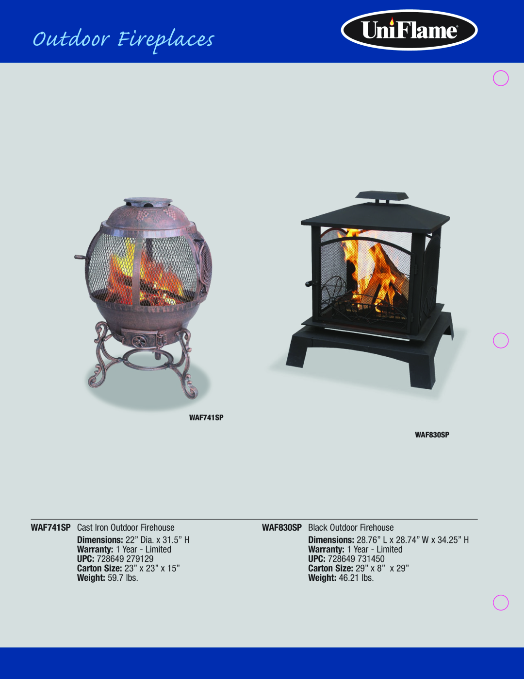 Blue Rhino Outdoor Lighting manual Outdoor Fireplaces, WAF741SP Cast Iron Outdoor Firehouse 