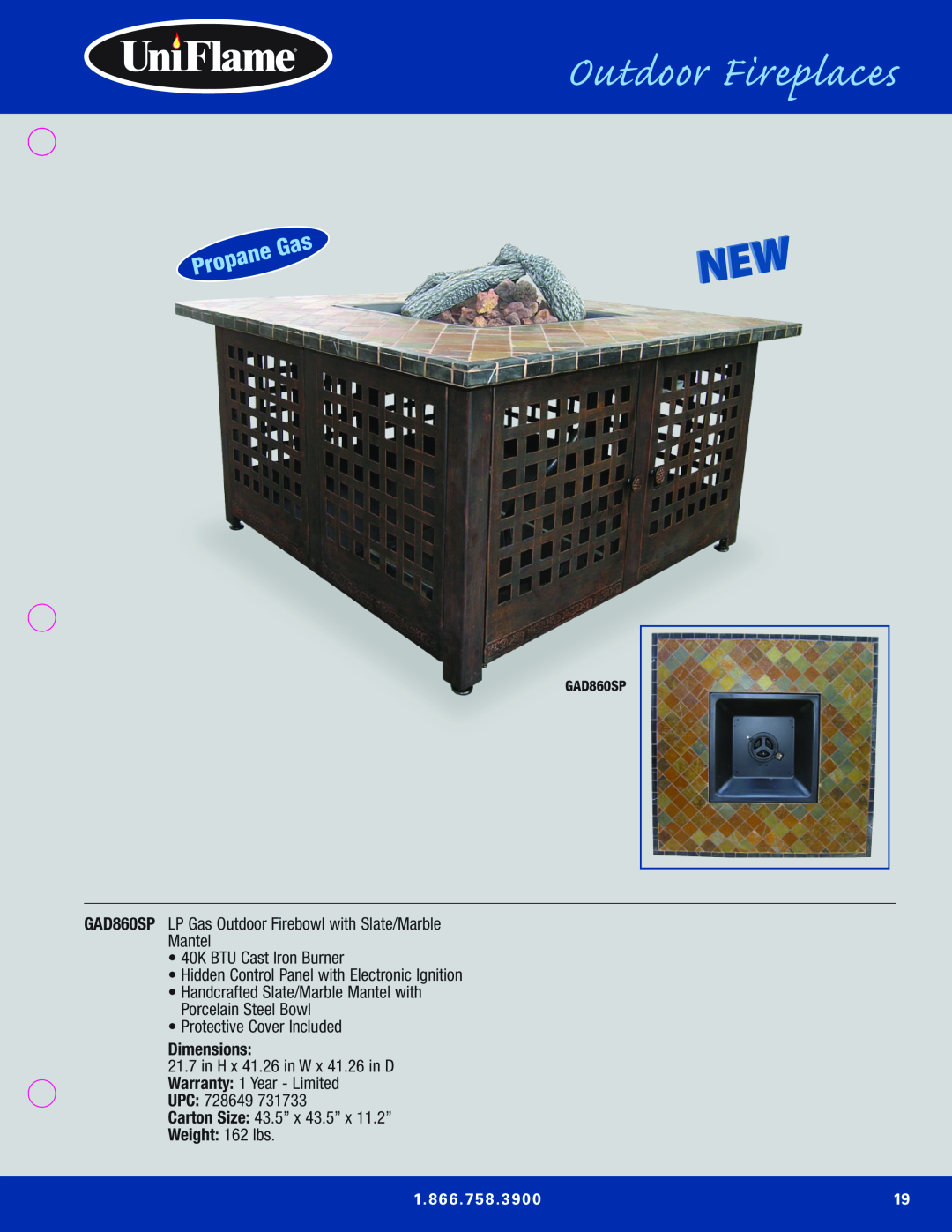 Blue Rhino Outdoor Lighting Outdoor Fireplaces, Mantel •40K BTU Cast Iron Burner, •Protective Cover Included, Dimensions 
