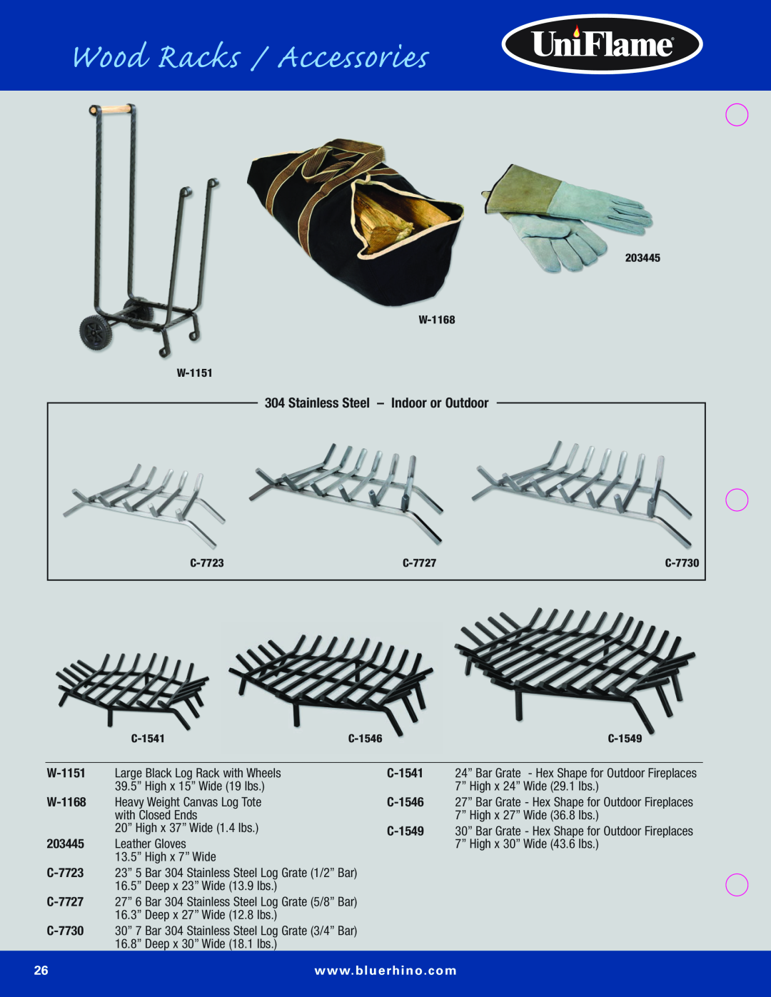 Blue Rhino Outdoor Lighting manual Wood Racks / Accessories, W-1151, C-1541, W-1168, C-1546, 203445, C-1549, C-7723, C-7727 
