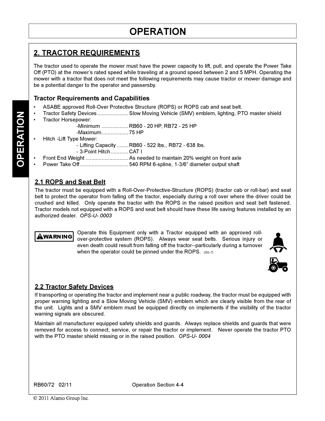 Blue Rhino RB60/72 manual Operation, Tractor Requirements and Capabilities, ROPS and Seat Belt, Tractor Safety Devices 