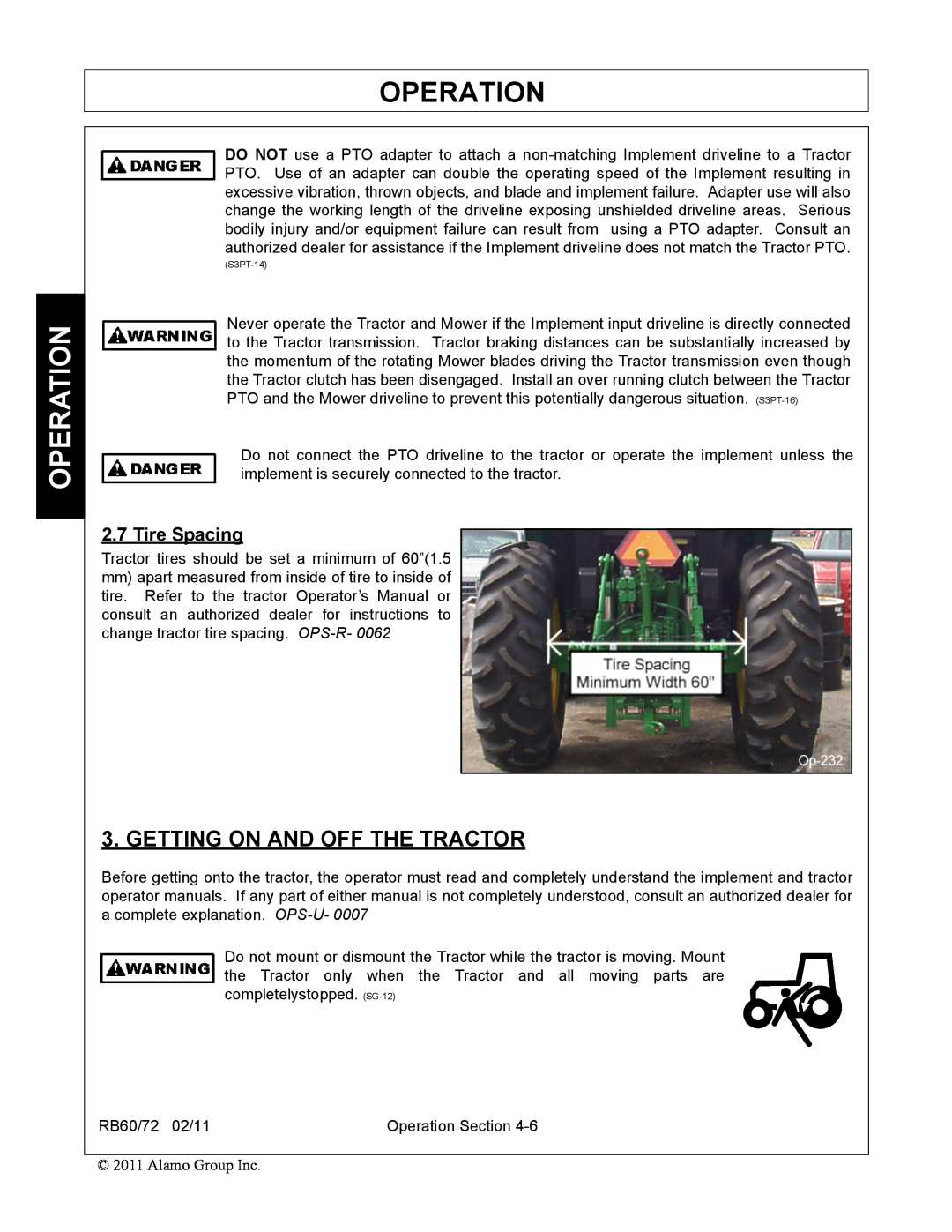 Blue Rhino RB60/72 manual Getting On And Off The Tractor, Operation, Tire Spacing 