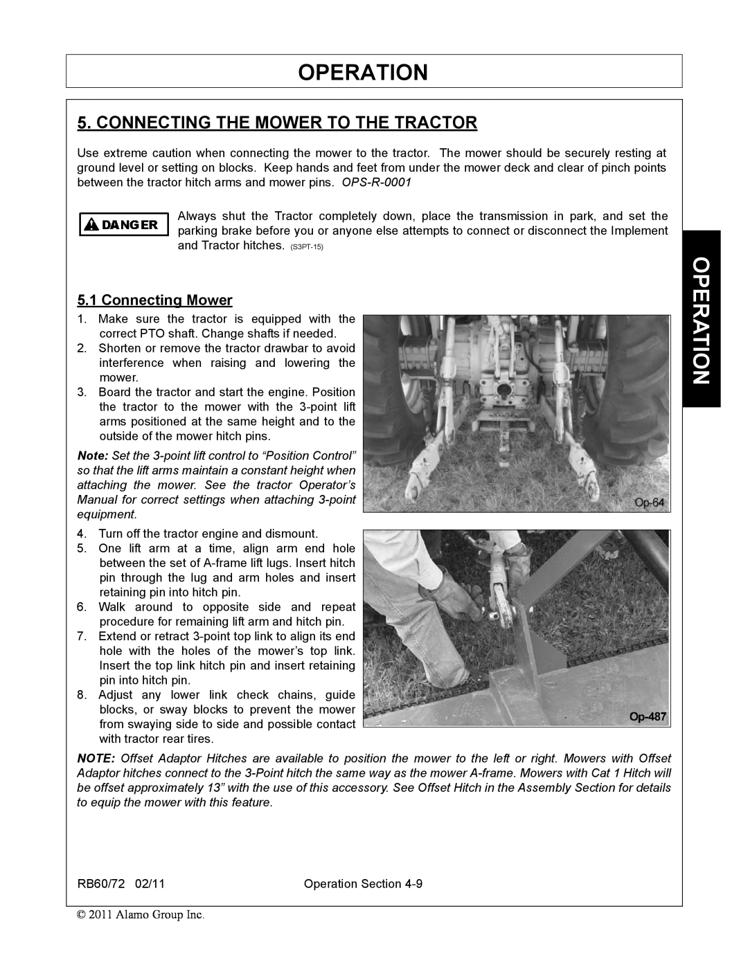 Blue Rhino RB60/72 manual Connecting The Mower To The Tractor, Operation, Connecting Mower 