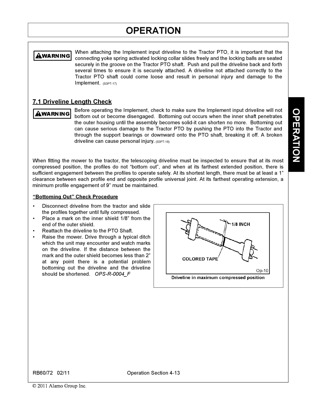 Blue Rhino RB60/72 manual Operation, Driveline Length Check, “Bottoming Out” Check Procedure 