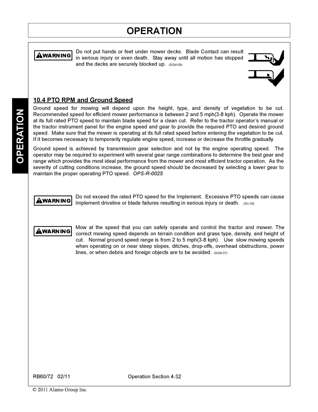 Blue Rhino RB60/72 manual Operation, PTO RPM and Ground Speed 