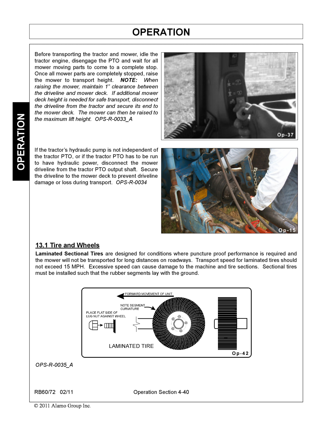 Blue Rhino RB60/72 manual Operation, Tire and Wheels, OPS-R-0035A 