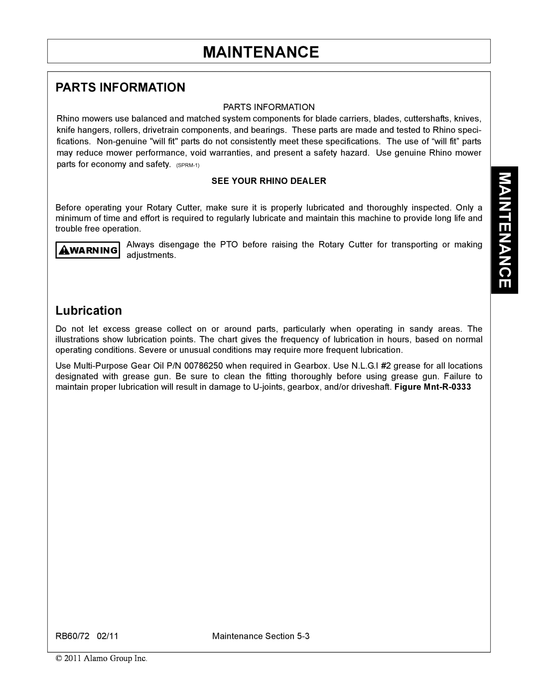 Blue Rhino RB60/72 manual Lubrication, Maintenance, Parts Information, See Your Rhino Dealer 