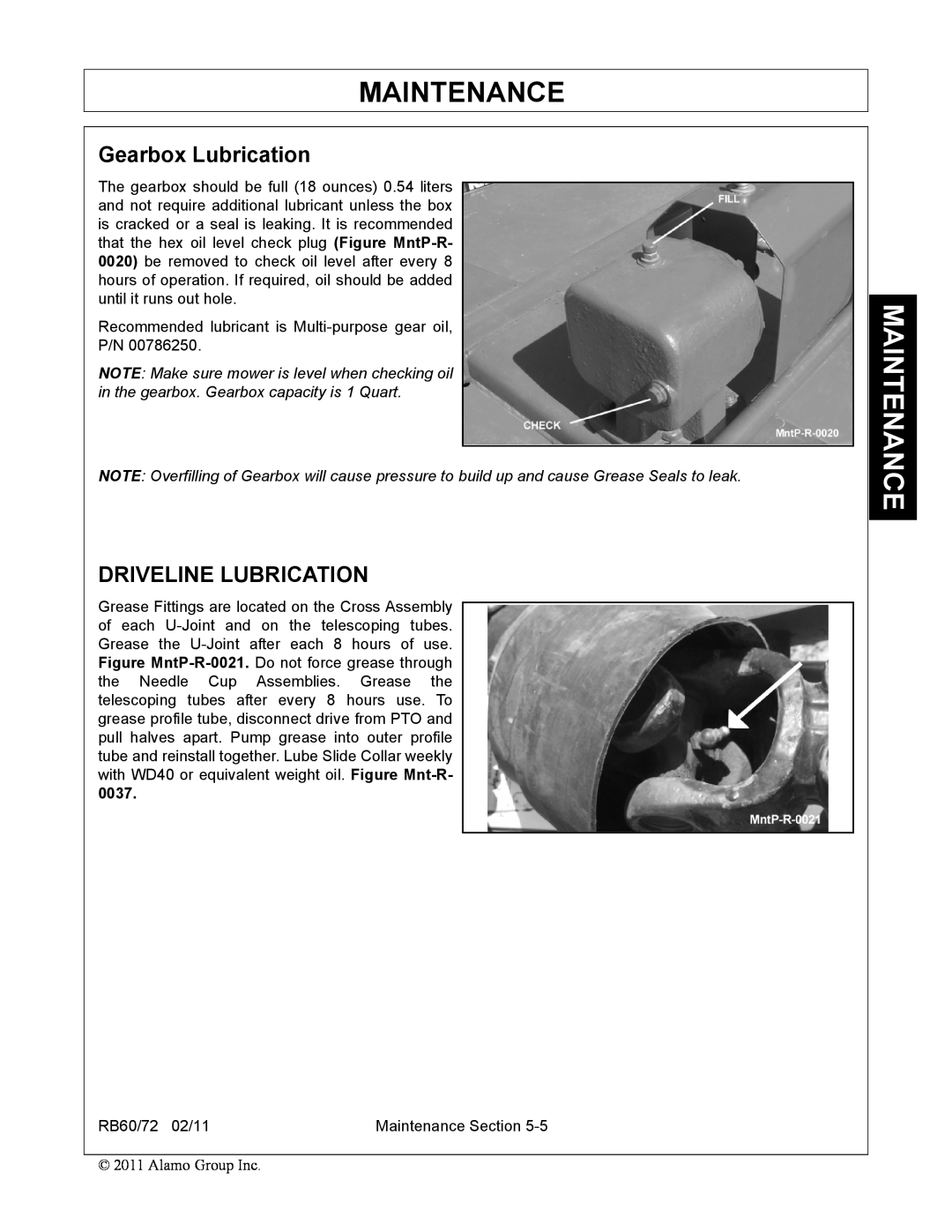 Blue Rhino RB60/72 manual Gearbox Lubrication, Driveline Lubrication, Maintenance 