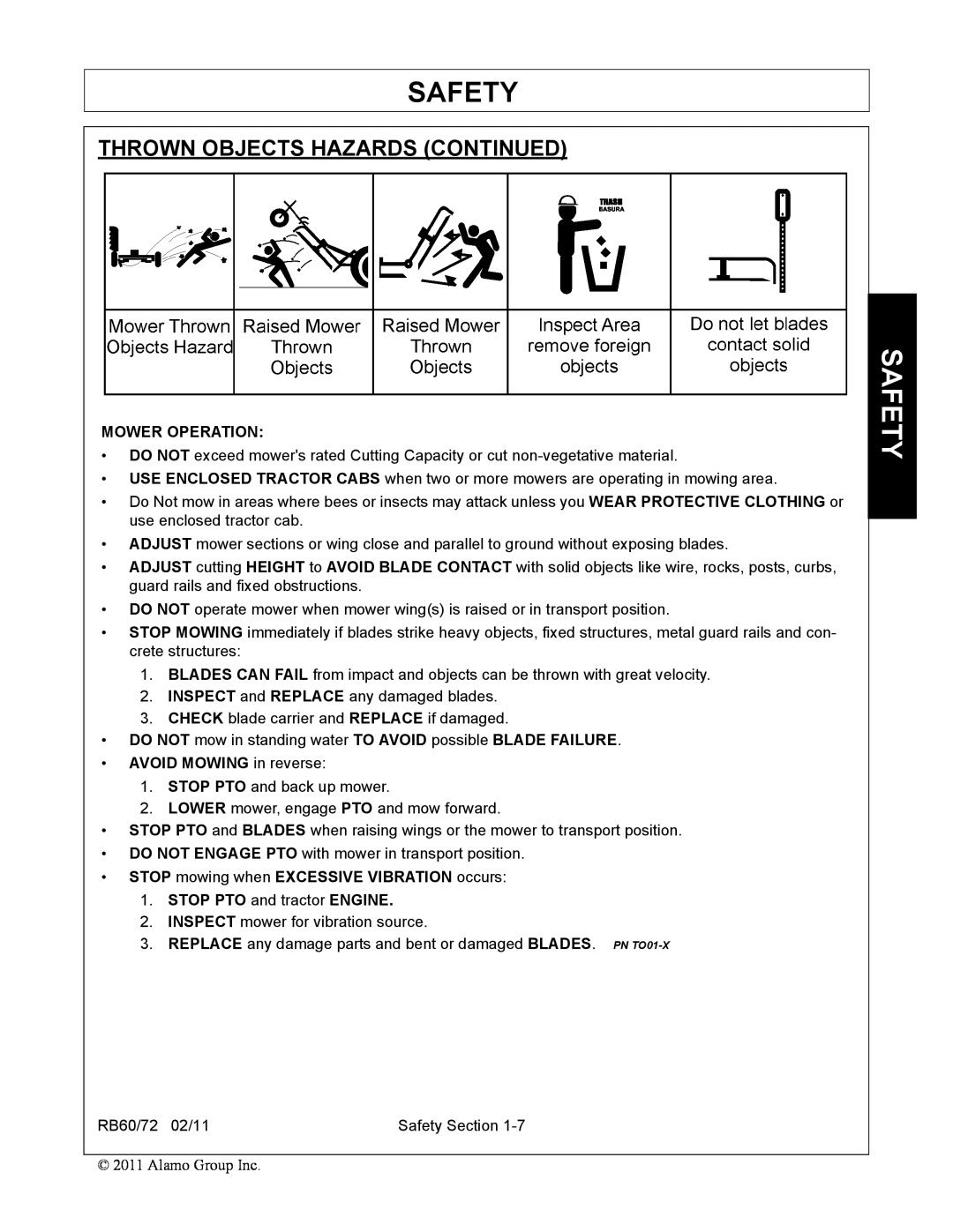 Blue Rhino RB60/72 manual Thrown Objects Hazards Continued, Safety, Mower Operation, AVOID MOWING in reverse 