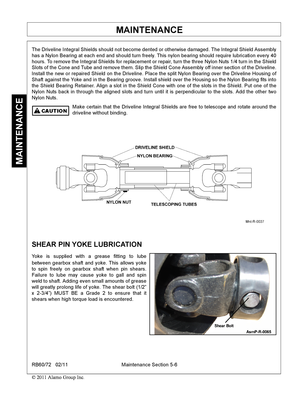 Blue Rhino RB60/72 manual Shear Pin Yoke Lubrication, Maintenance 