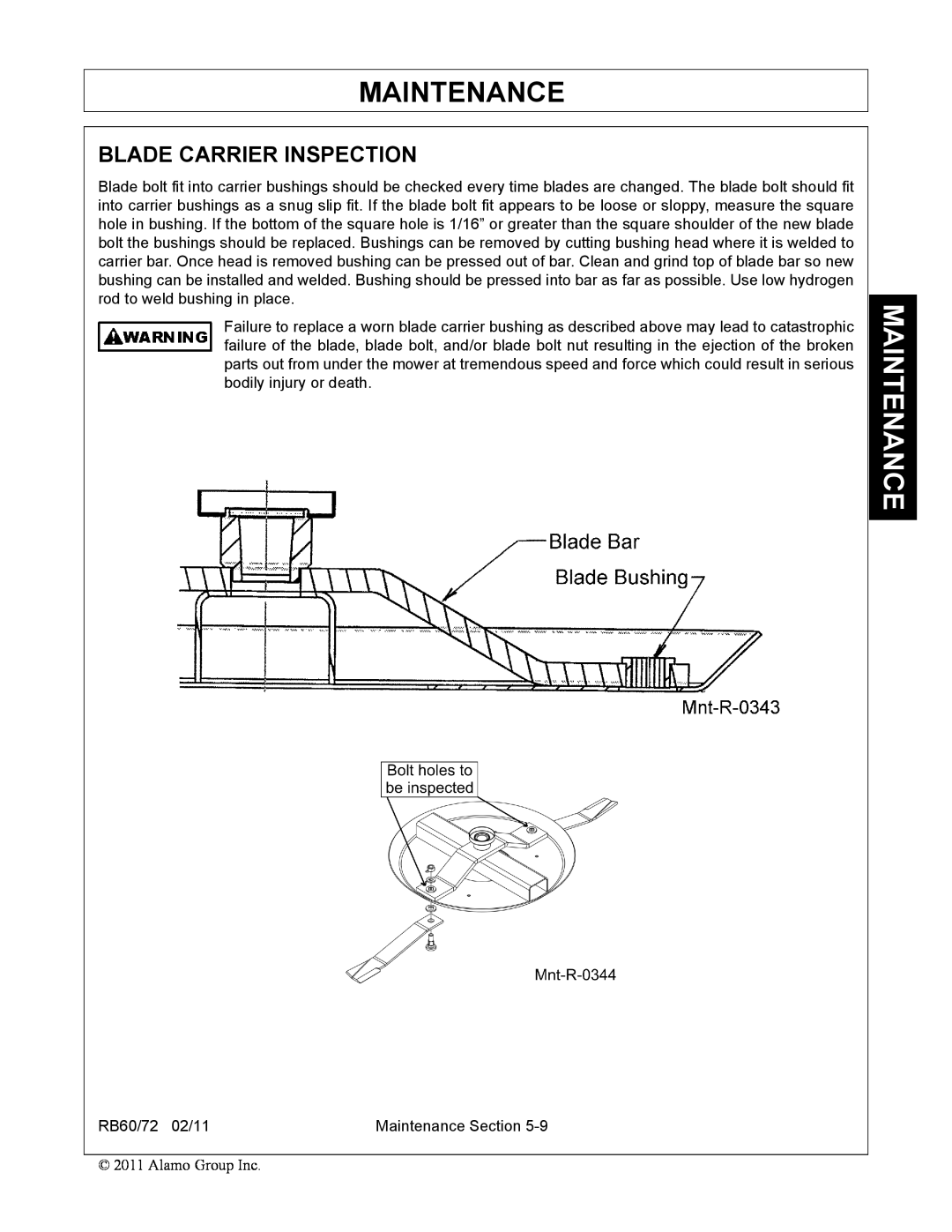 Blue Rhino RB60/72 manual Blade Carrier Inspection, Maintenance 