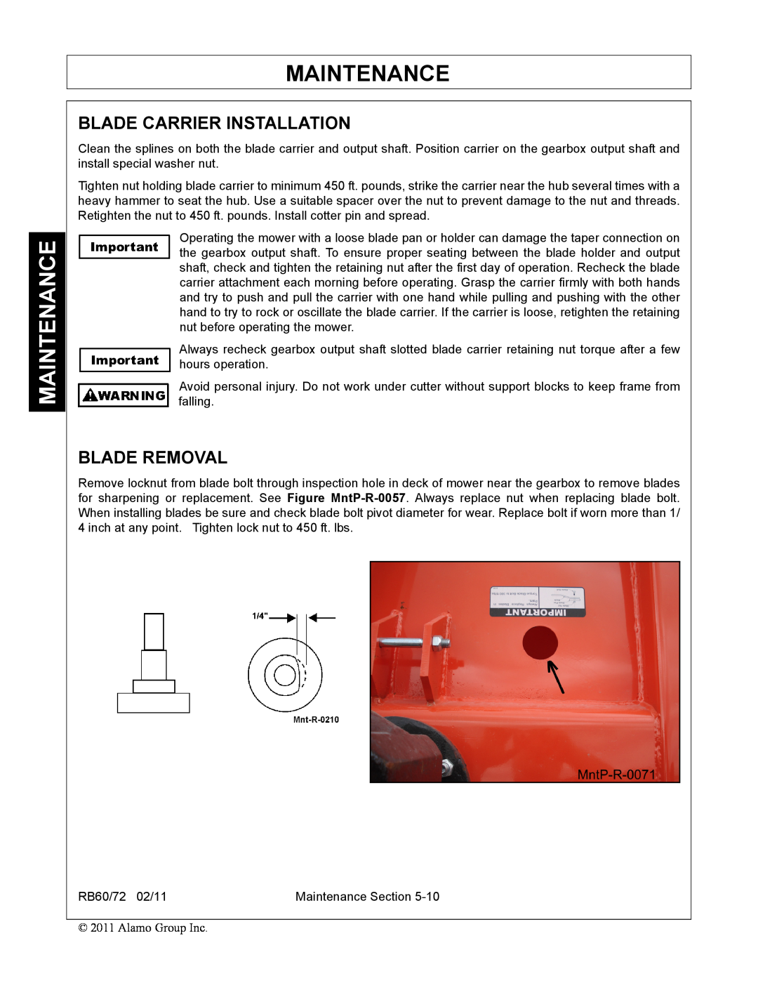 Blue Rhino RB60/72 manual Blade Carrier Installation, Blade Removal, Maintenance 