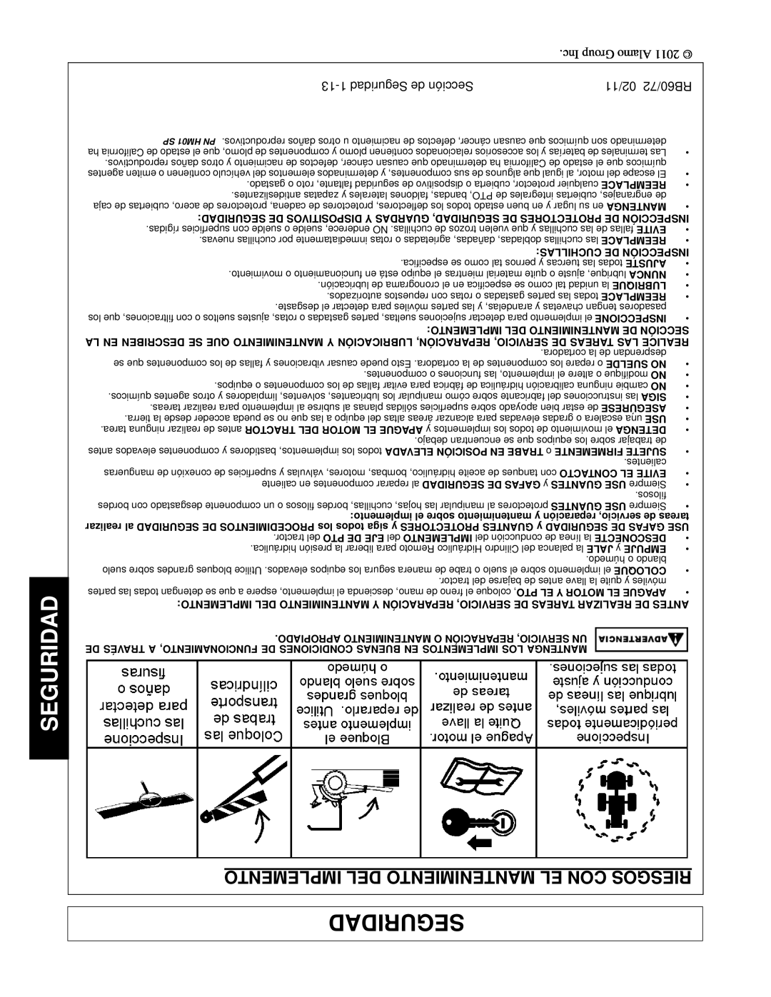 Blue Rhino RB60/72 manual Implemento Del Mantenimiento El Con Riesgos, Seguridad, Cuchillas De Inspección 