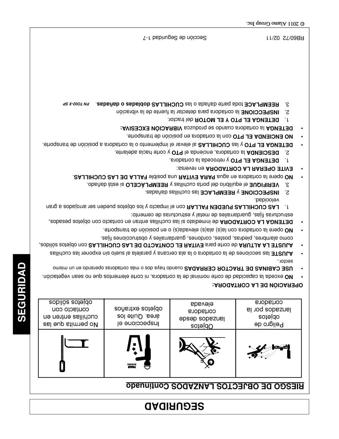 Blue Rhino RB60/72 manual Continuado LANZADOS OBJECTOS DE RIESGO, Seguridad, tractor del MOTOR EL Y PTO EL DETENGA 