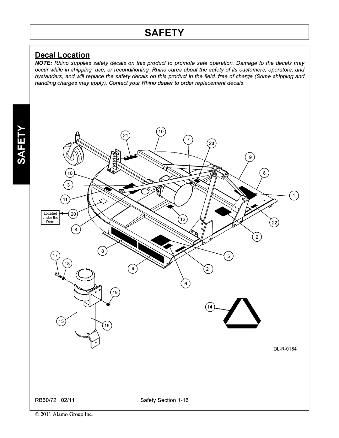 Blue Rhino RB60/72 manual Decal Location, Safety 