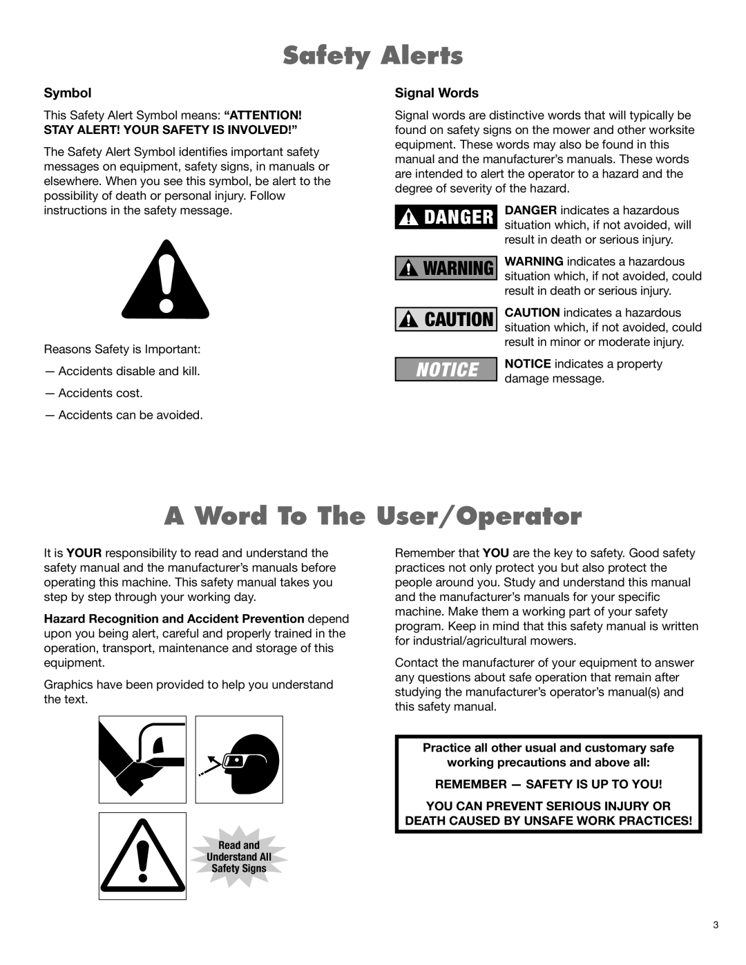 Blue Rhino RB60/72 Safety Alerts, A Word To The User/Operator, Symbol, Signal Words, Stay Alert! Your Safety Is Involved!” 