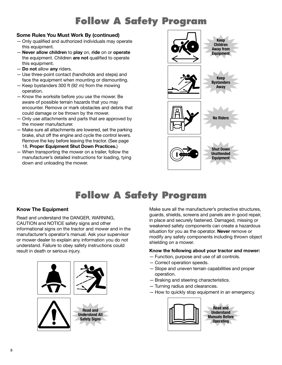 Blue Rhino RB60/72 manual Follow A Safety Program, Some Rules You Must Work By continued, Know The Equipment 