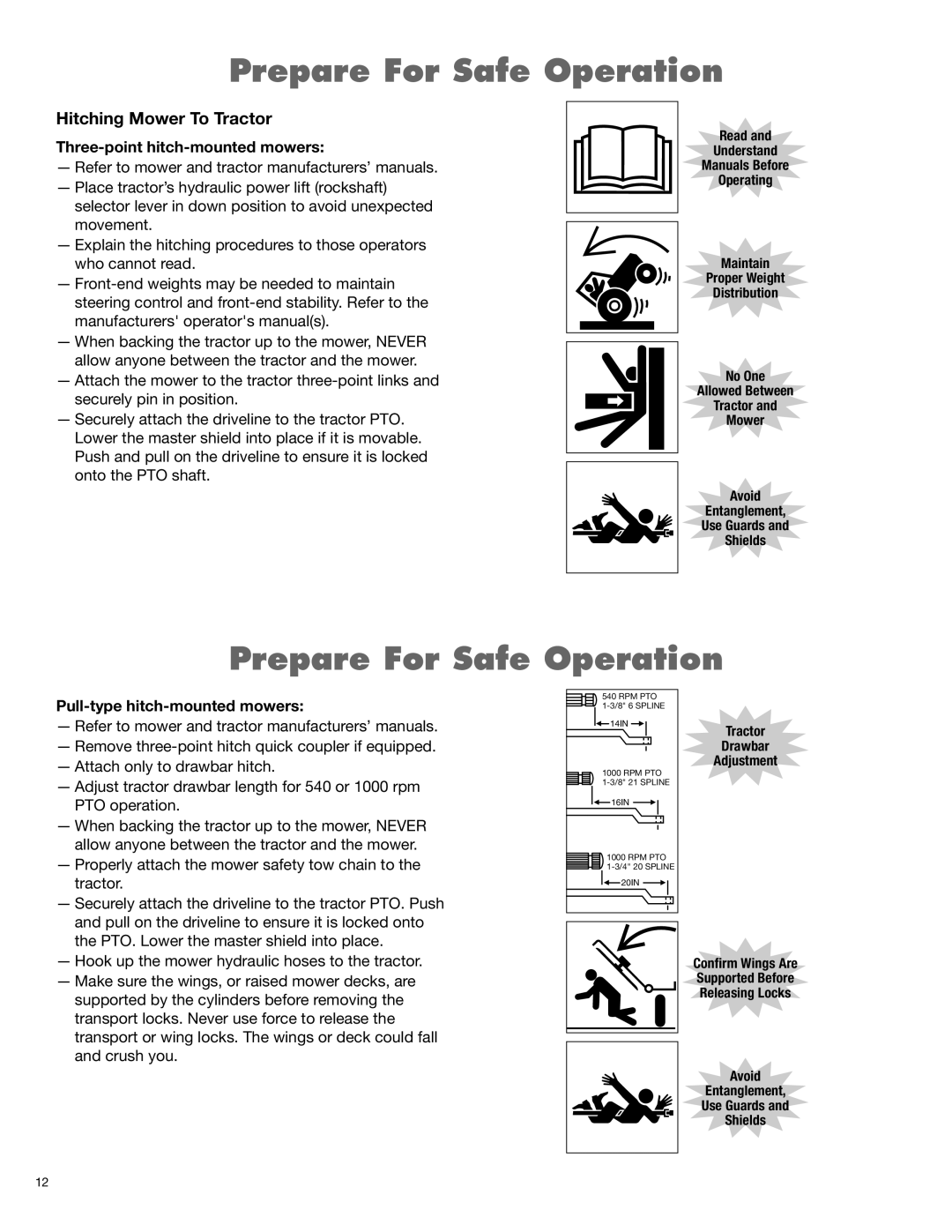 Blue Rhino RB60/72 manual Prepare For Safe Operation, Hitching Mower To Tractor, Three-point hitch-mounted mowers 