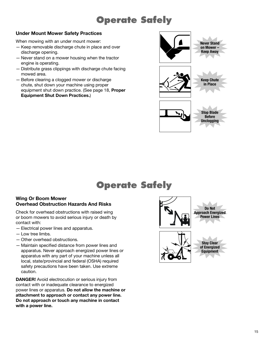 Blue Rhino RB60/72 manual Operate Safely, Under Mount Mower Safety Practices 