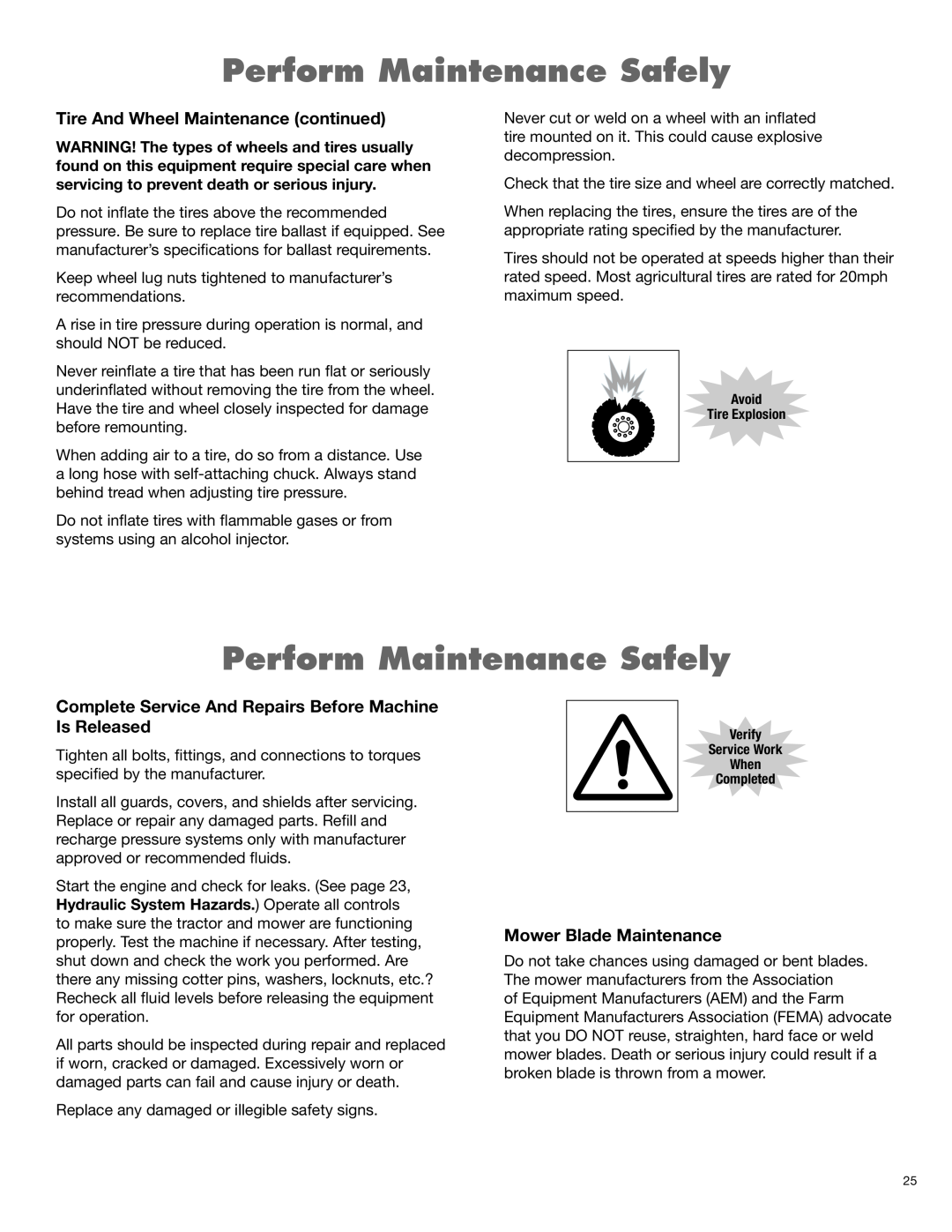 Blue Rhino RB60/72 manual Perform Maintenance Safely, Tire And Wheel Maintenance continued, Mower Blade Maintenance 