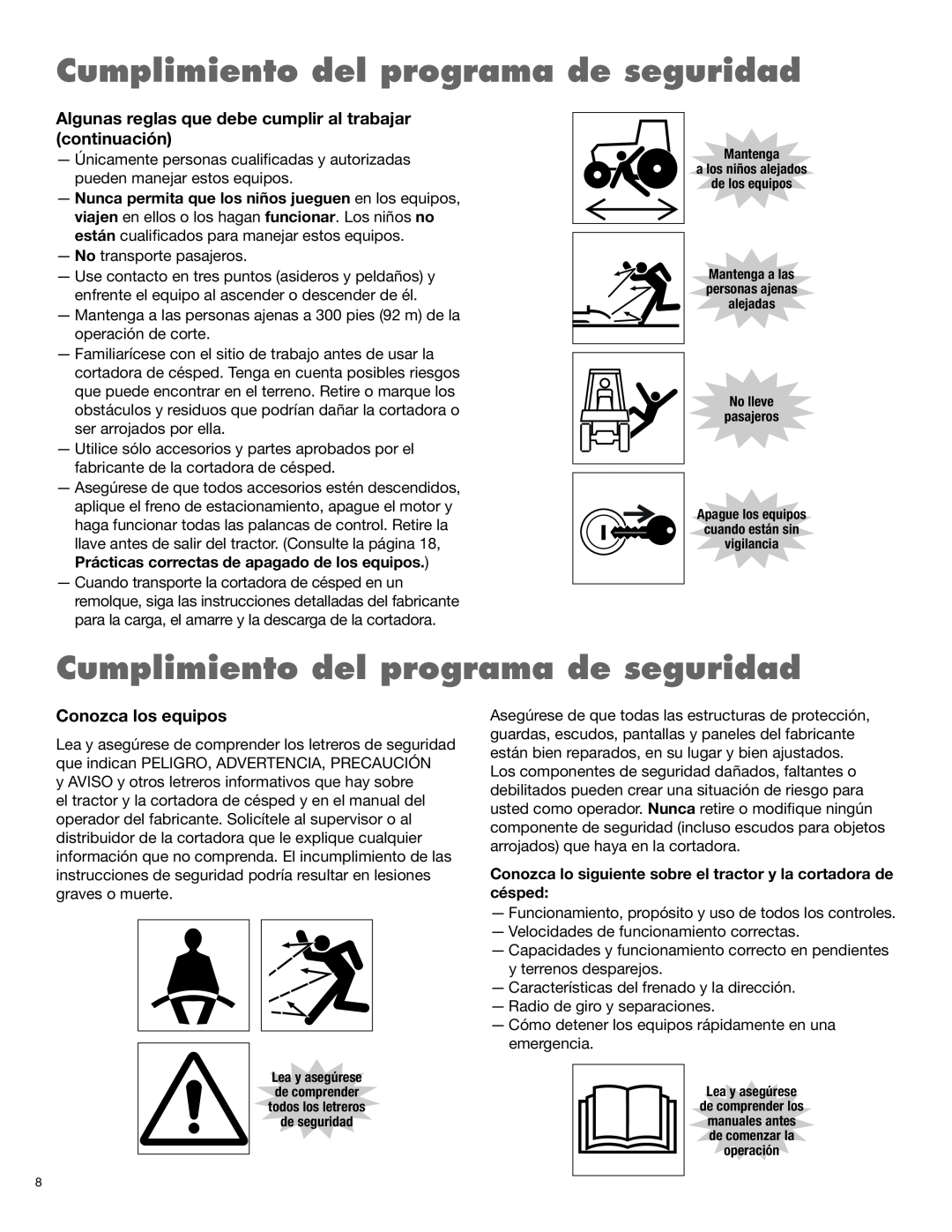 Blue Rhino RB60/72 manual Cumplimiento del programa de seguridad, Algunas reglas que debe cumplir al trabajar continuación 