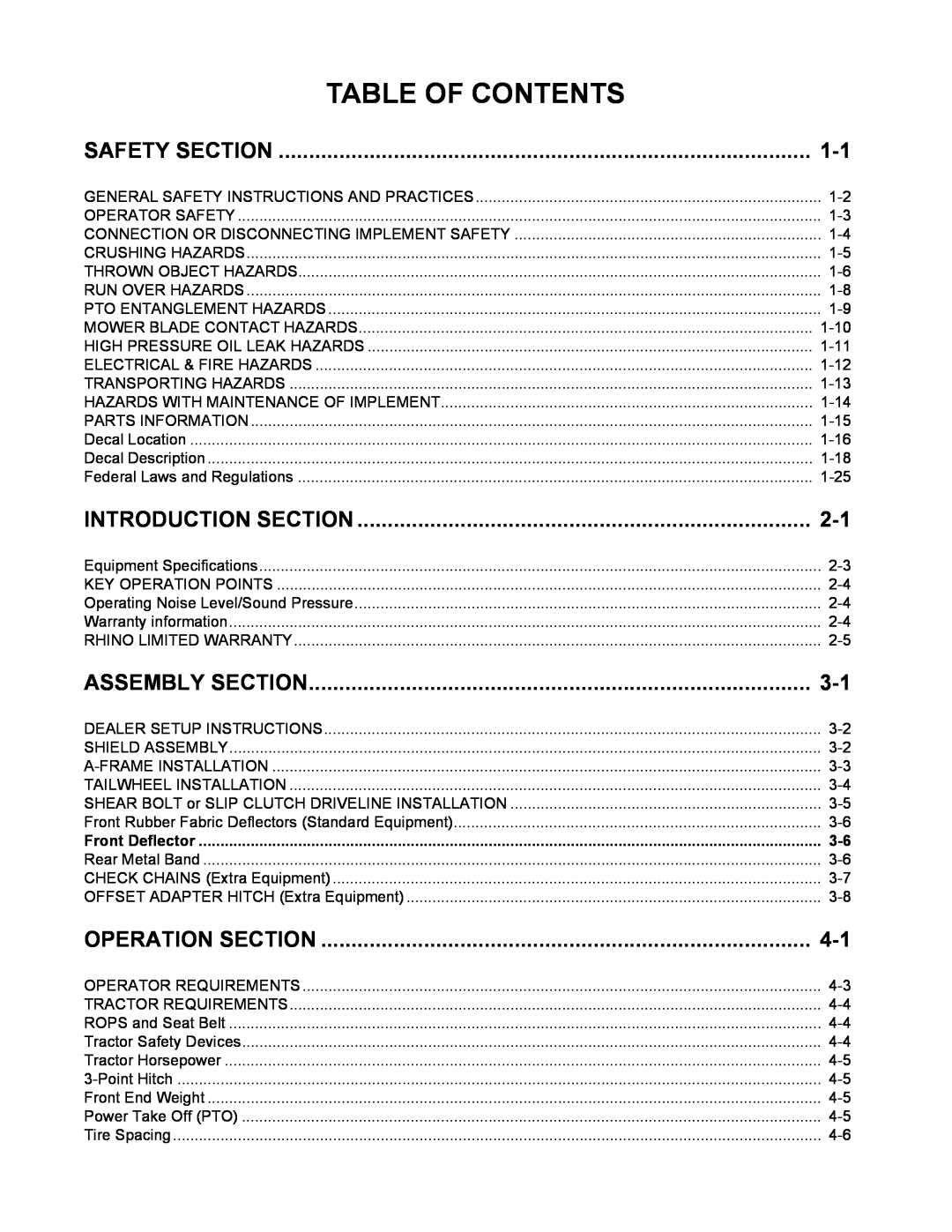 Blue Rhino RB60/72 manual Table Of Contents, Safety Section, Introduction Section, Assembly Section, Operation Section 