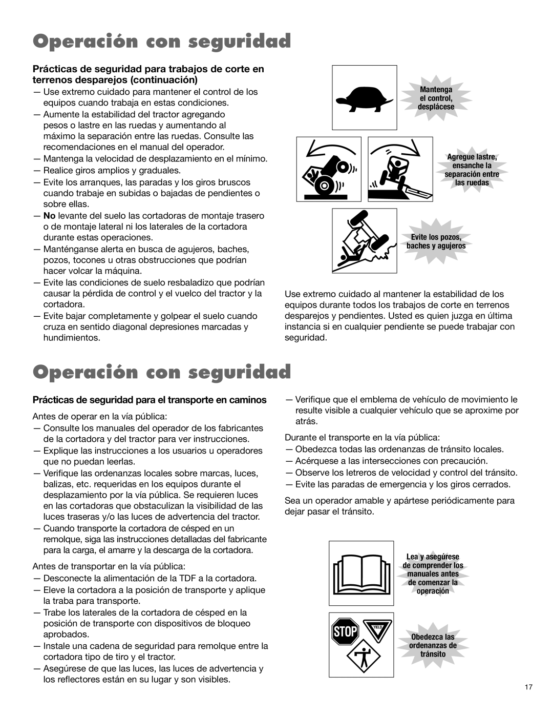 Blue Rhino RB60/72 manual Stop, Operación con seguridad, Prácticas de seguridad para el transporte en caminos 