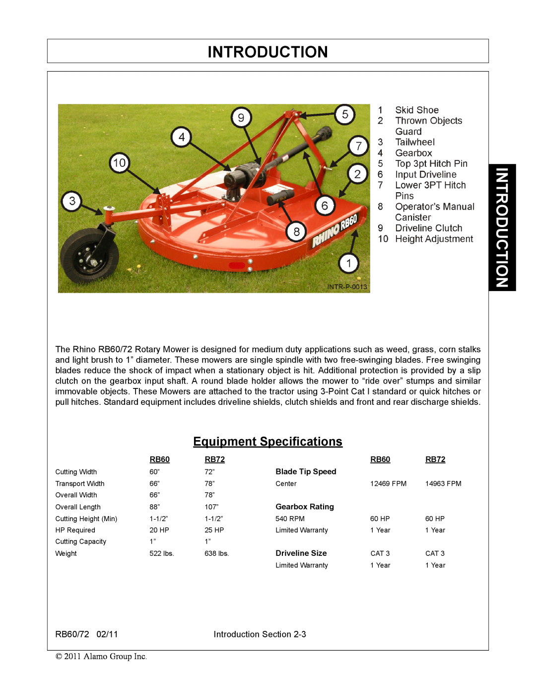 Blue Rhino RB60/72 manual Equipment Specifications, Introduction 