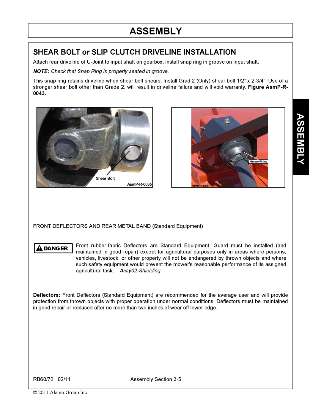 Blue Rhino RB60/72 manual SHEAR BOLT or SLIP CLUTCH DRIVELINE INSTALLATION, Assembly 
