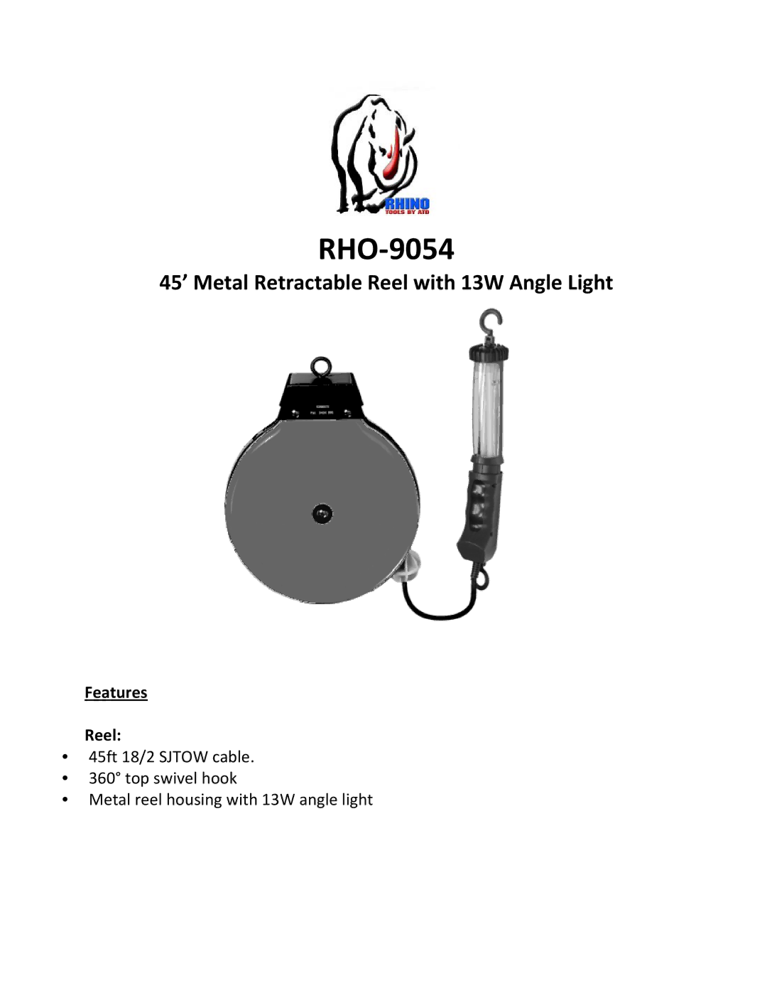 Blue Rhino RHO9054 manual RHO‐9054, 45’ Metal Retractable Reel with 13W Angle Light, Features Reel 