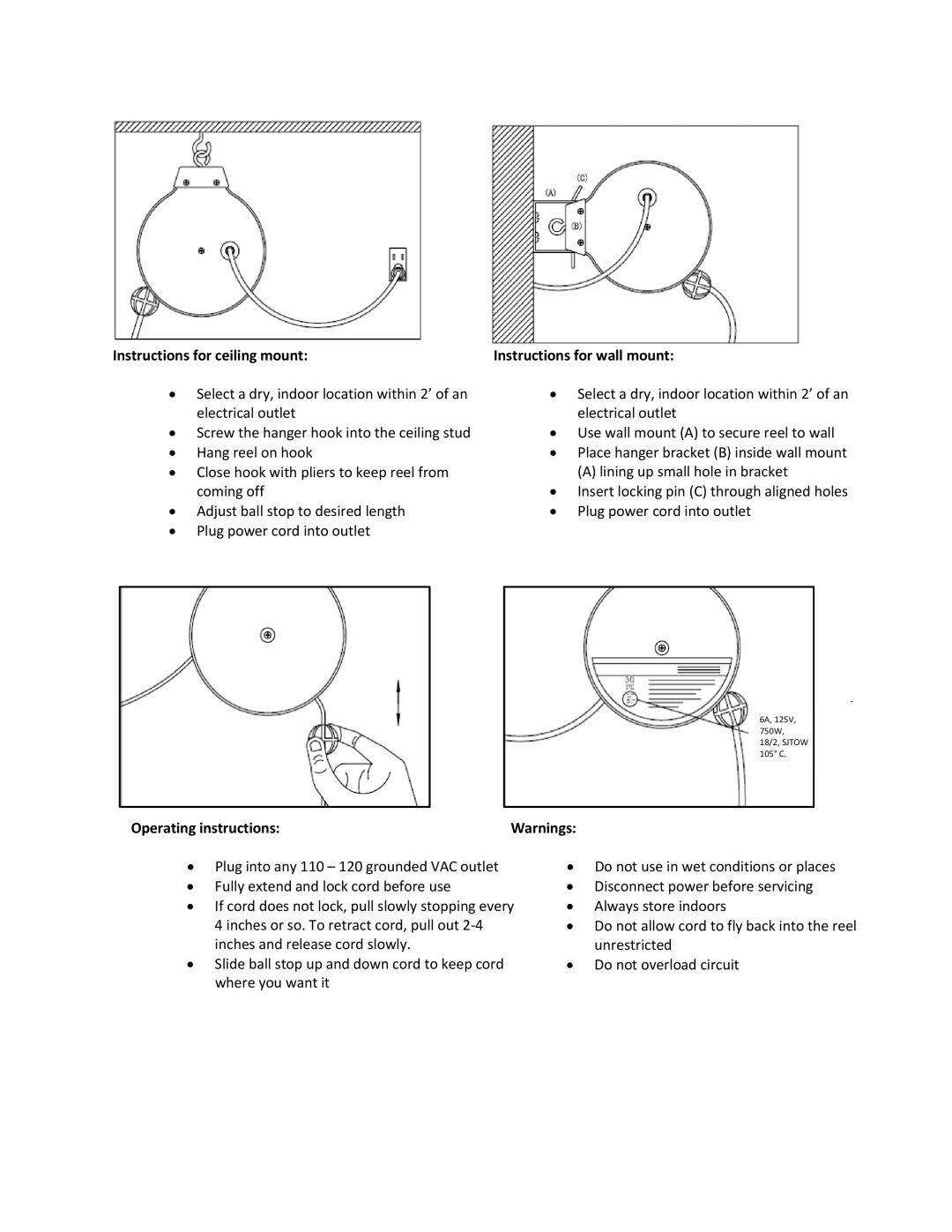 Blue Rhino RHO9054 manual Instructions for ceiling mount Instructions for wall mount, Operating instructions 