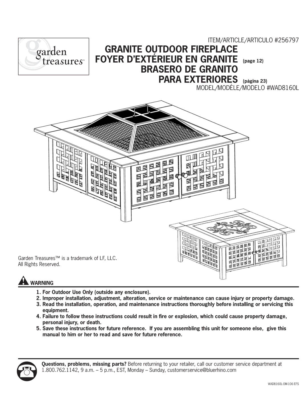 Blue Rhino WAD8160L manual Granite Outdoor Fireplace 