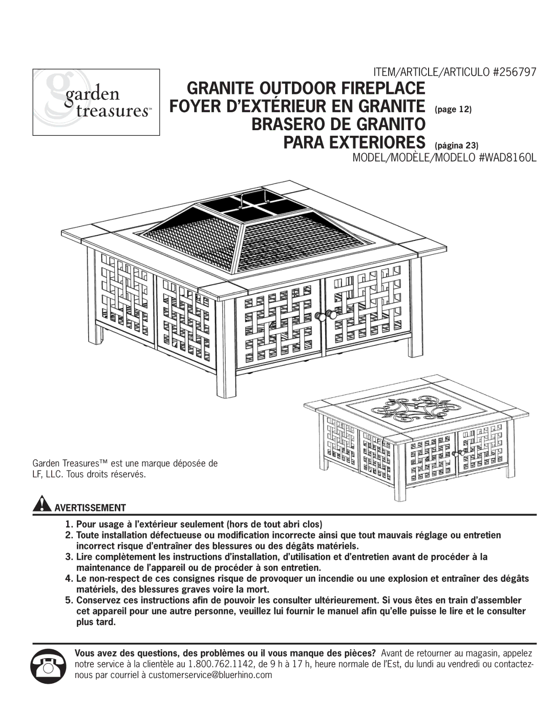 Blue Rhino WAD8160L manual Avertissement 