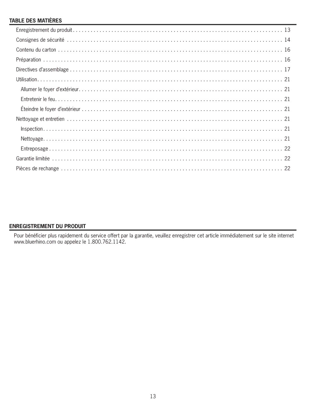 Blue Rhino WAD8160L manual Table des matières, Enregistrement du produit 