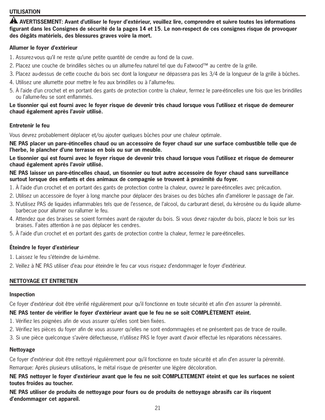 Blue Rhino WAD8160L manual Utilisation, Éteindre le foyer d’extérieur, Nettoyage ET Entretien, Inspection 