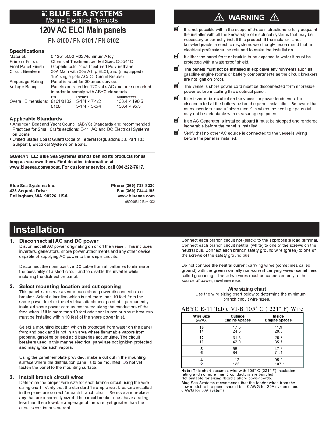 Blue Sea Systems 120 V Ac ELCI MAin Panels dimensions Specifications, Applicable Standards, Disconnect all AC and DC power 