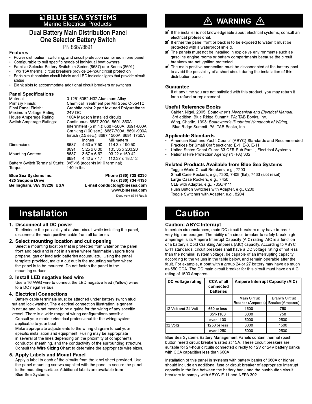 Blue Sea Systems 8687, 8691 specifications Disconnect all DC power, Select mounting location and cut opening, Guarantee 