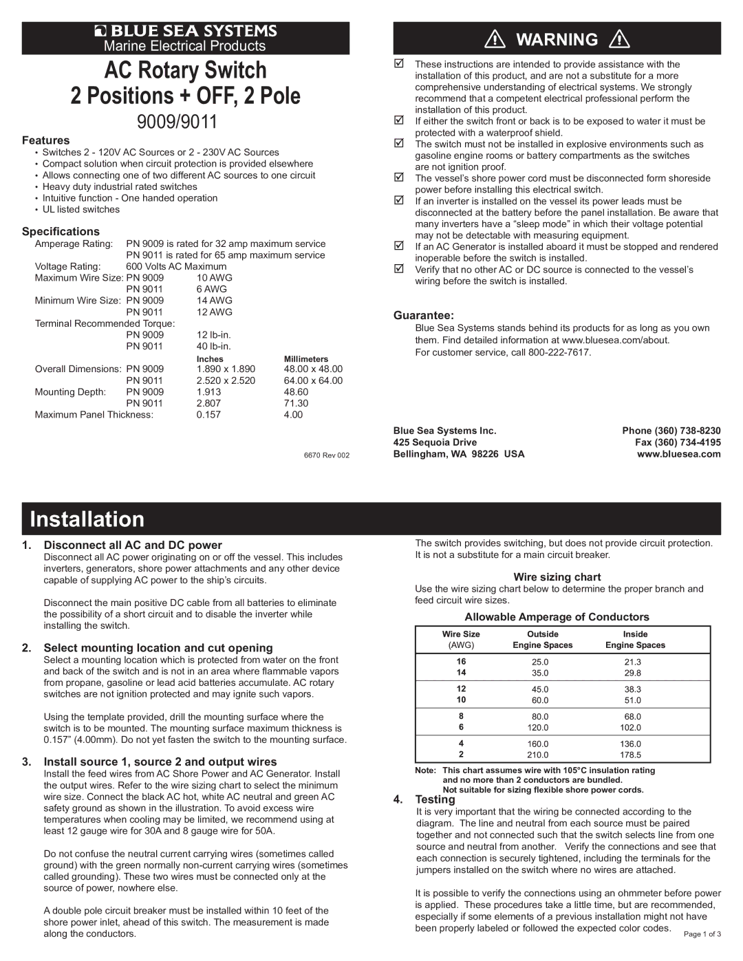 Blue Sea Systems 9009 dimensions Features, Specifications, Disconnect all AC and DC power, Guarantee, Testing 