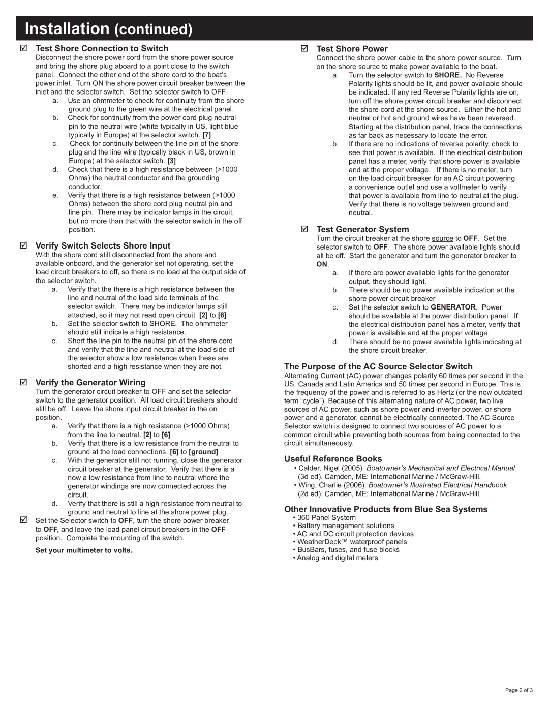 Blue Sea Systems 9009 dimensions  Test Shore Connection to Switch,  Verify Switch Selects Shore Input,  Test Shore Power 