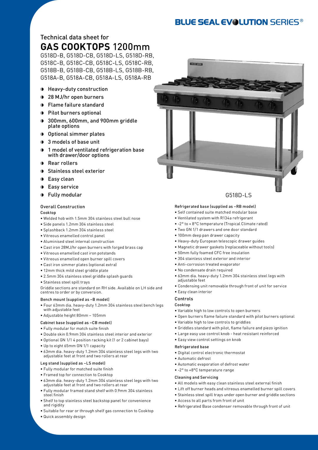 Blue Sea Systems G518D-CB, G518C-LS, G518B-RB, G518C-B manual GAS Cooktops 1200mm, G518D-LS, Overall Construction, Controls 