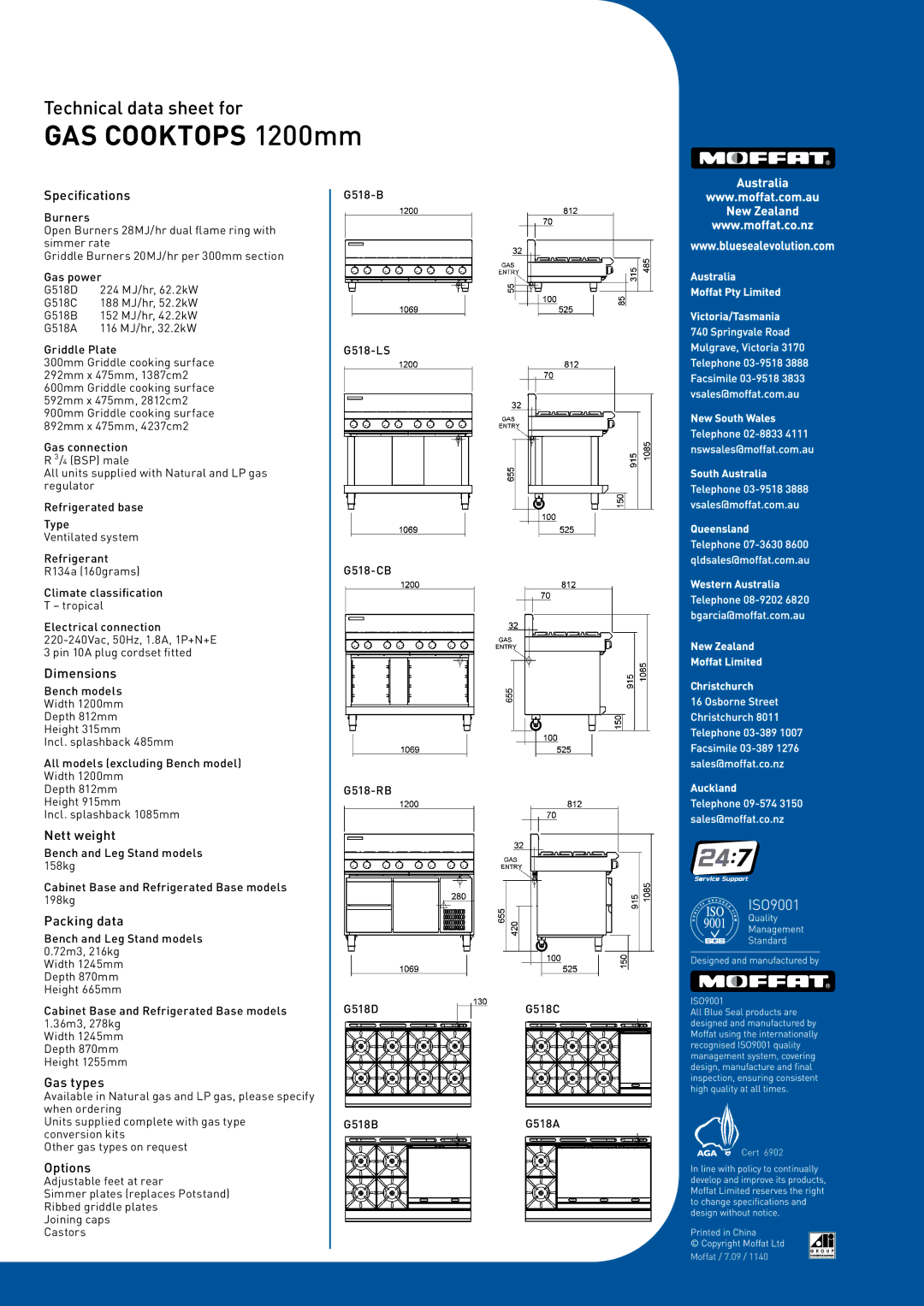 Blue Sea Systems G518B-RB, G518C-LS, G518D-CB Specifications, Dimensions, Nett weight, Packing data, Gas types, Options 