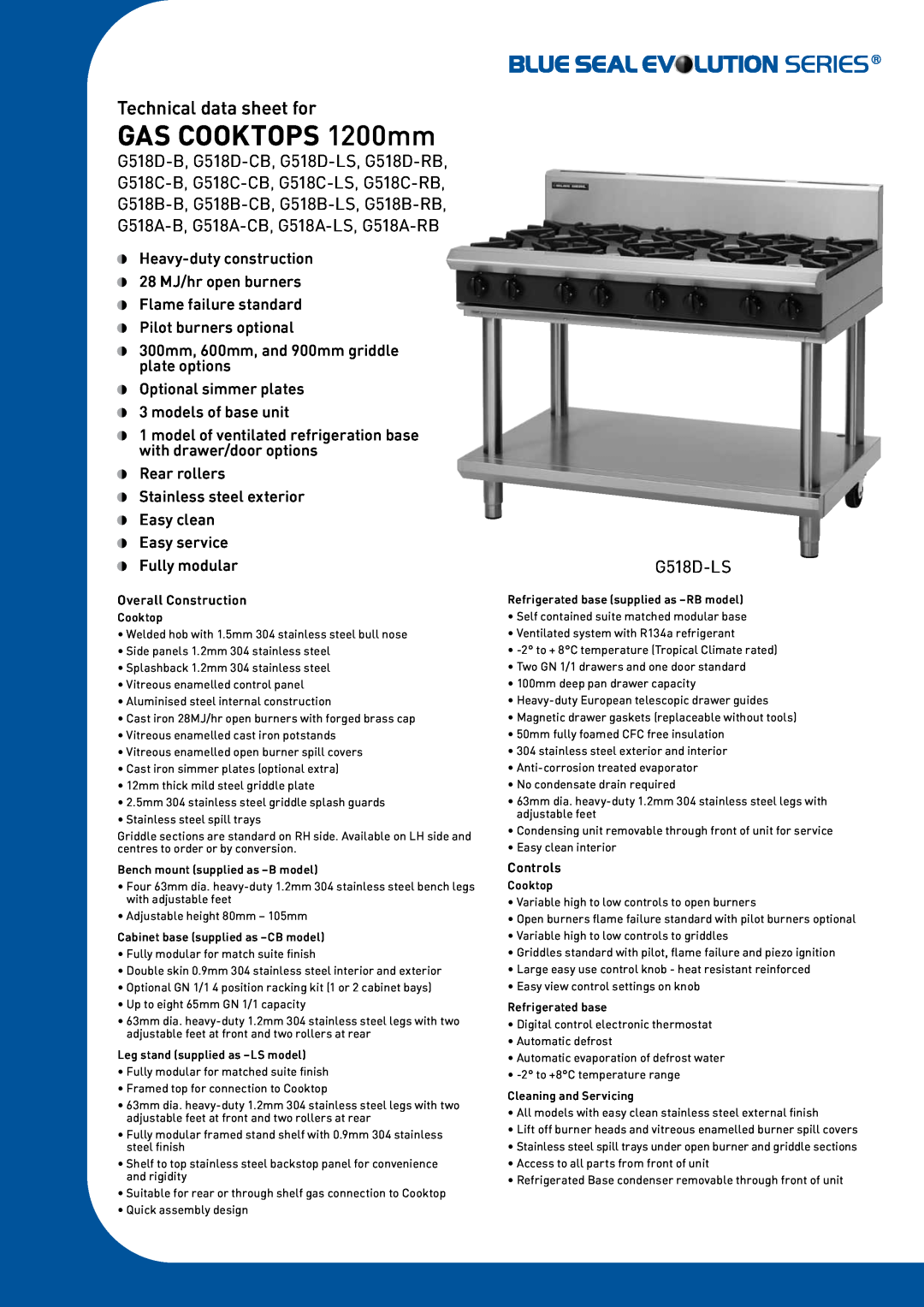 Blue Sea Systems G518D-CB manual GAS COOKTOPS 1200mm, Technical data sheet for, Overall Construction, Controls, G518D-LS 