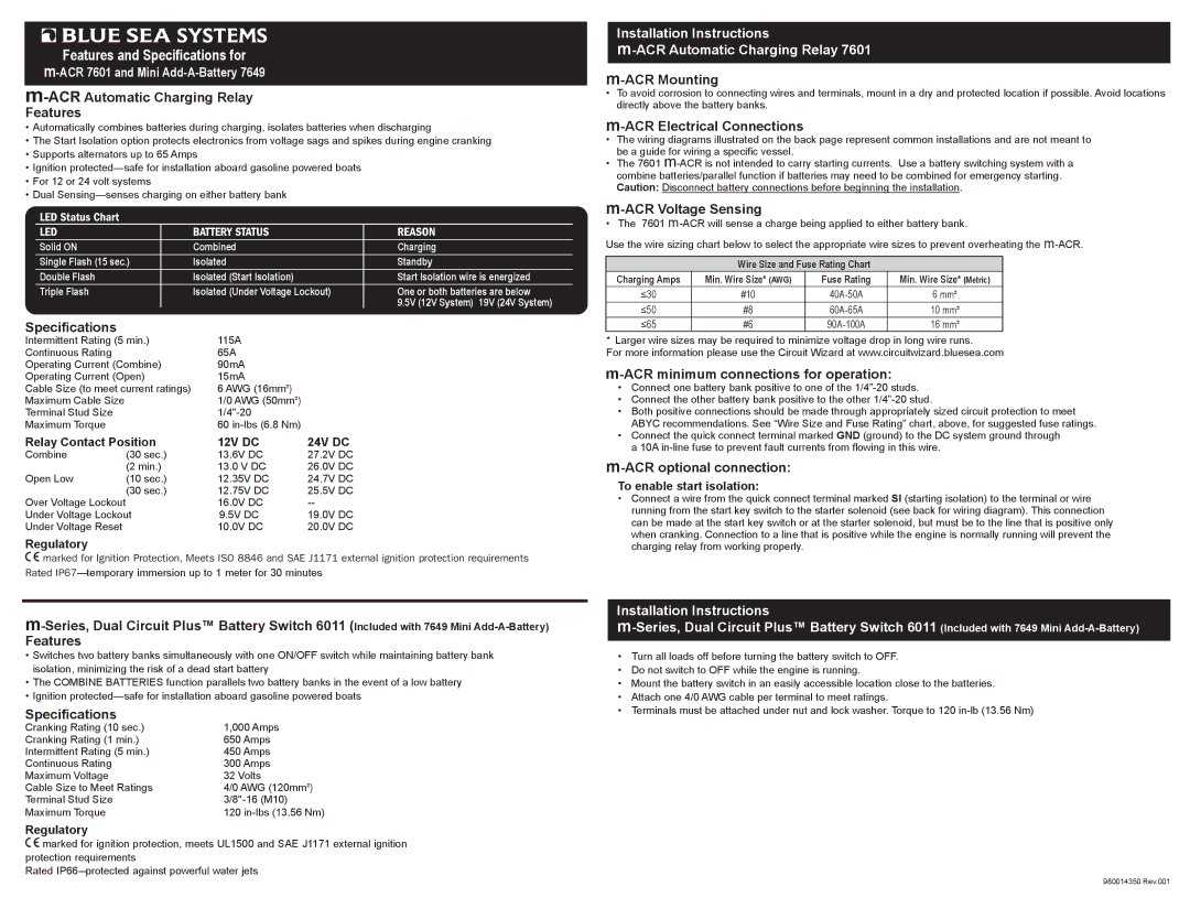 Blue Sea Systems m-ACR 7601 installation instructions ACR 7601 and Mini Add-A-Battery 