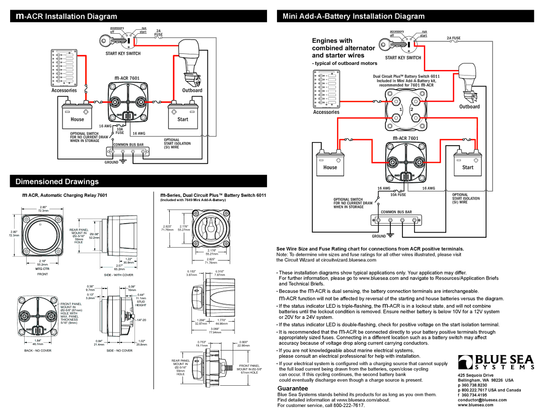 Blue Sea Systems m-ACR 7601 installation instructions Combined alternator Starter wires, Guarantee 