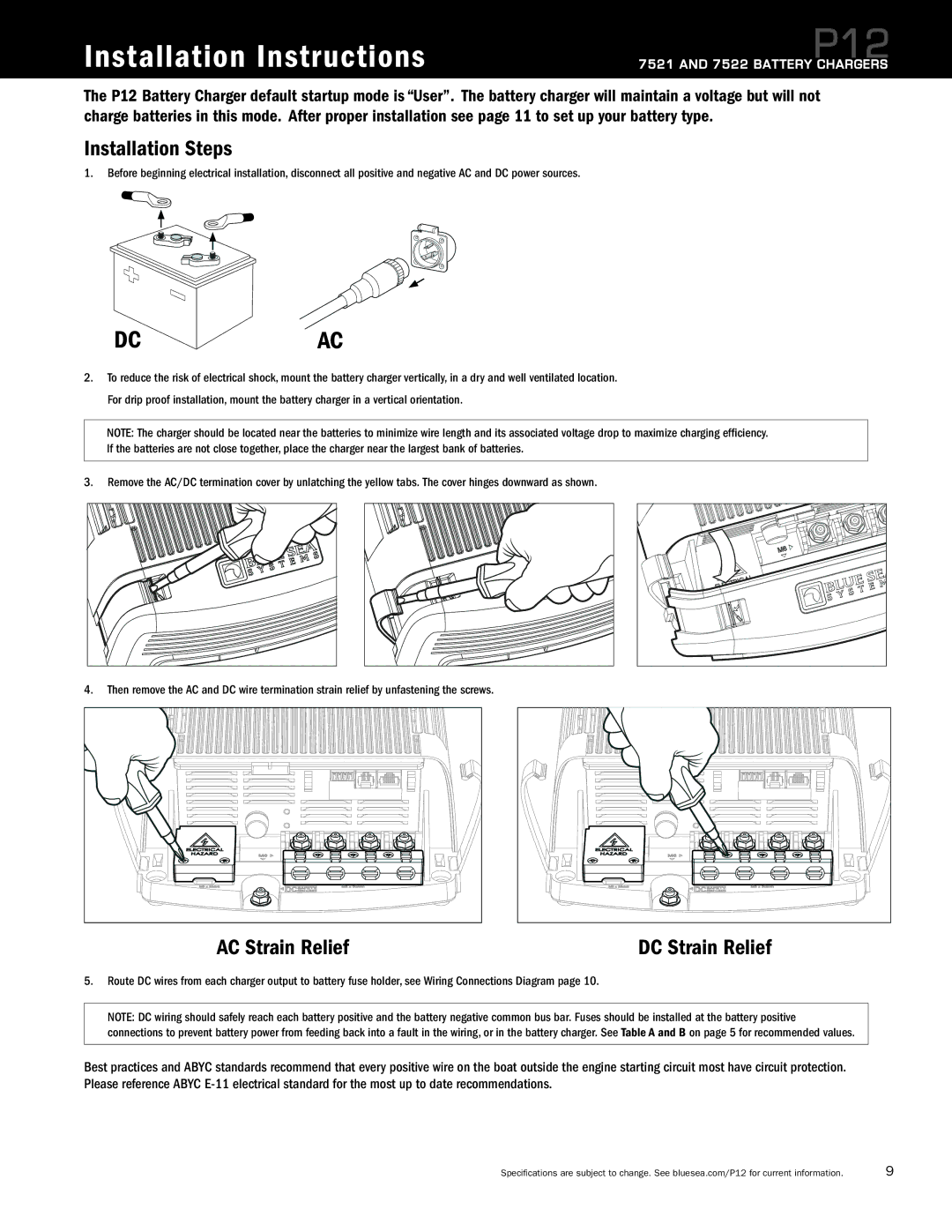 Blue Sea Systems P12 user manual Installation Instructions, Installation Steps, AC Strain Relief 