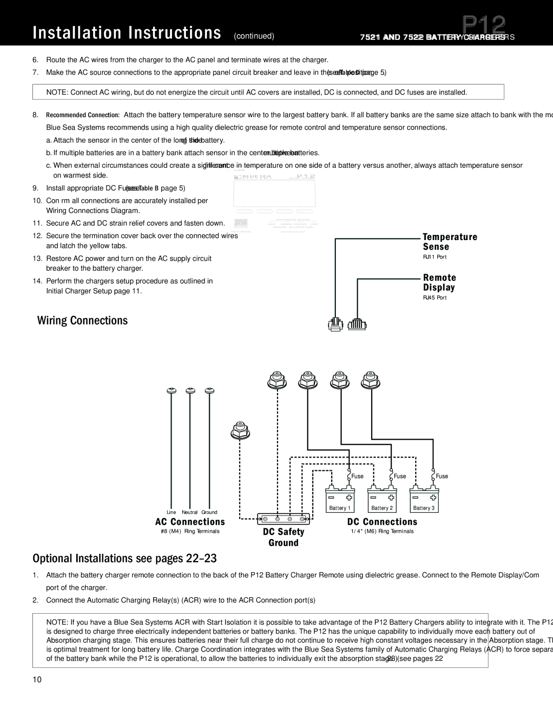 Blue Sea Systems P12 user manual Wiring Connections, Optional Installations see pages 