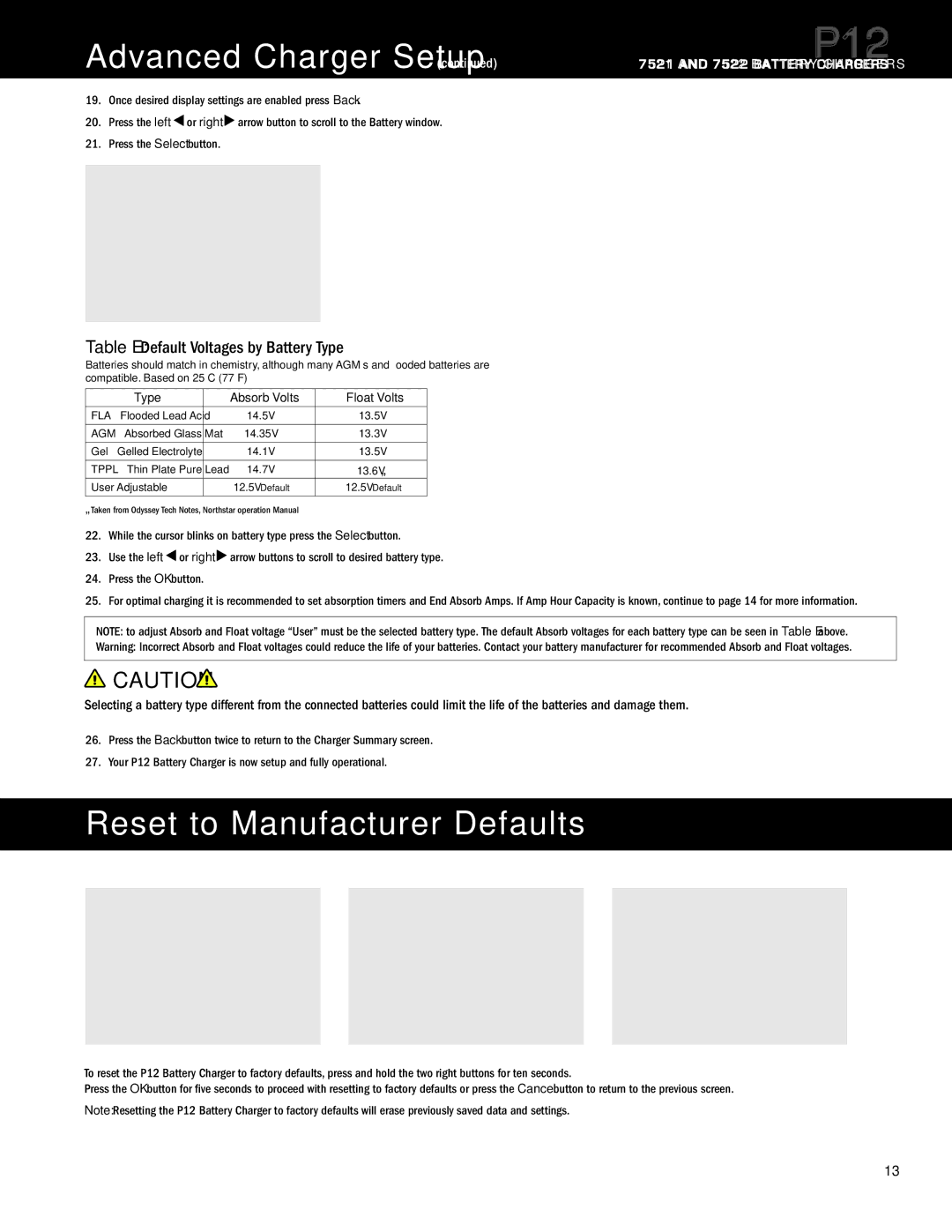 Blue Sea Systems P12 user manual Reset to Manufacturer Defaults, Table E Default Voltages by Battery Type 