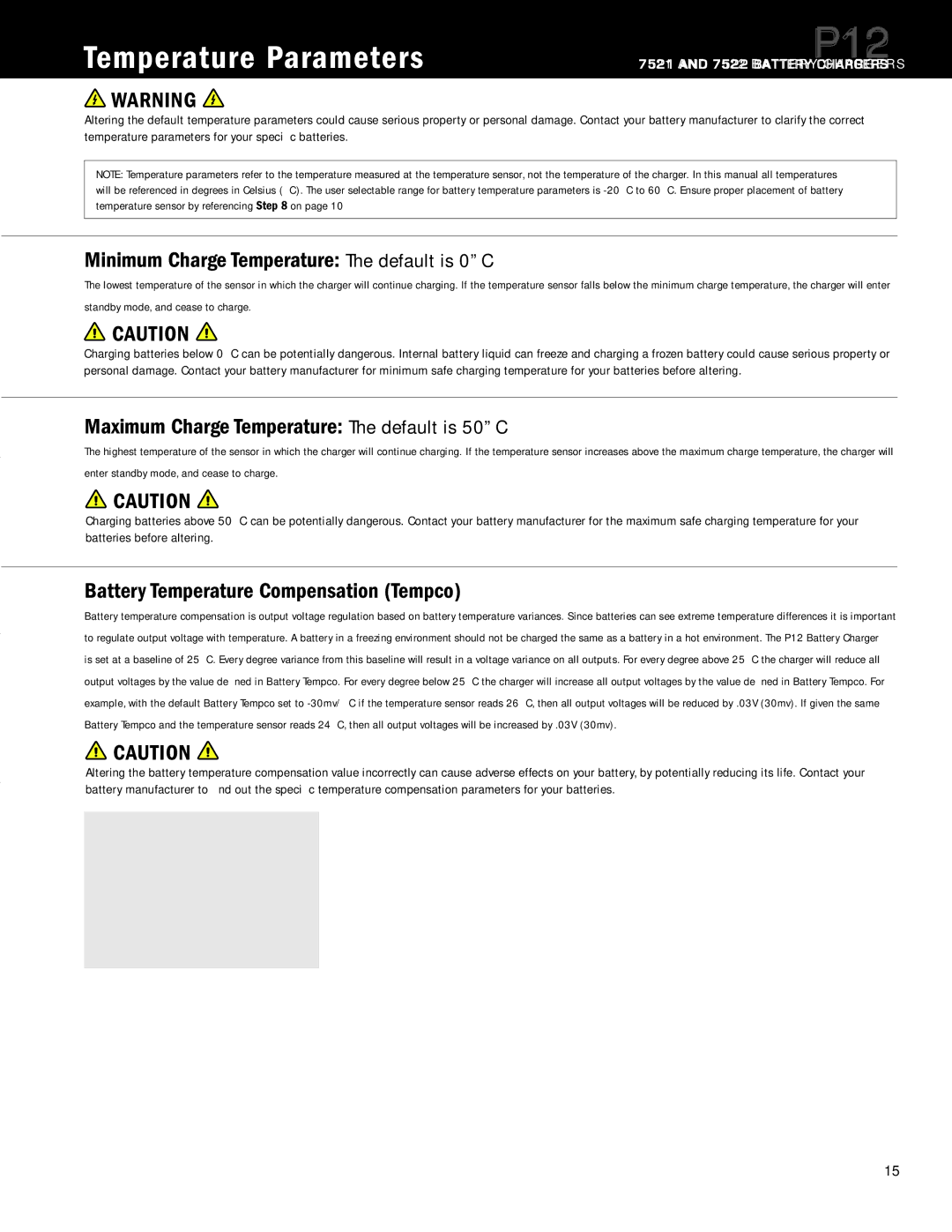 Blue Sea Systems P12 user manual Temperature Parameters, Minimum Charge Temperature The default is 0ºC 